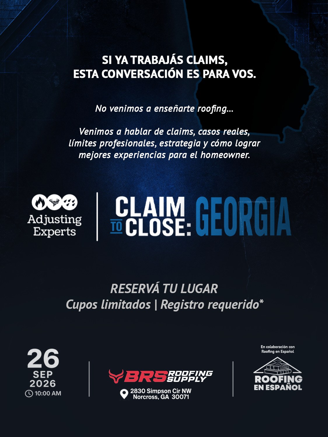 Si ya trabajás claims, esta conversación es para vos. No venimos a enseñarte roofing… Venimos a hablar de claims, casos reales, límites profesionales, estrategia y cómo lograr mejores experiencias para el homeowner. Reservá tu lugar. Cupos limitados. Registro requerido.